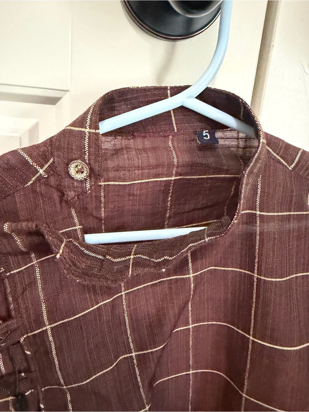 Boys Brown Checked Kurta Tunic Top with Asymmetric Button Detail